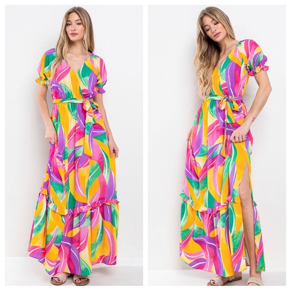 34 Boho Multi Color Print Tiered Maxi Dress - Picture 2 of 3